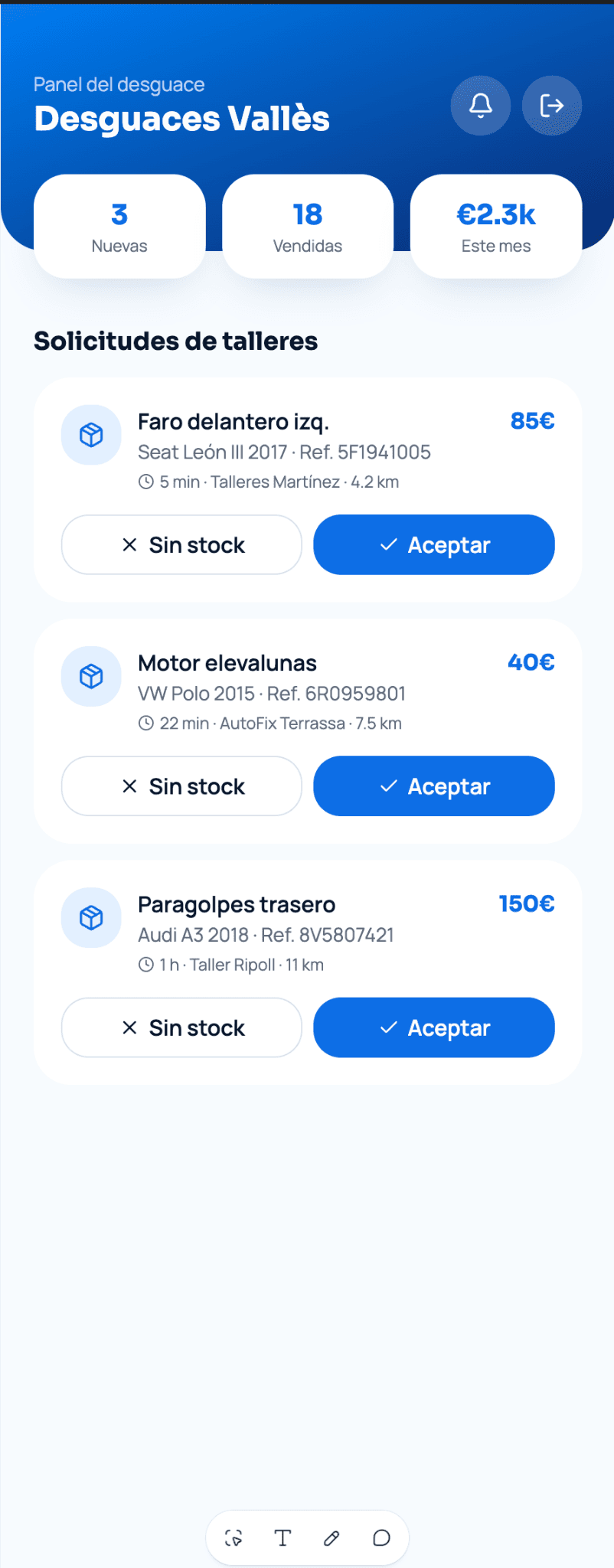 Panel del desguace en Jeme con solicitudes de talleres para aceptar o marcar sin stock