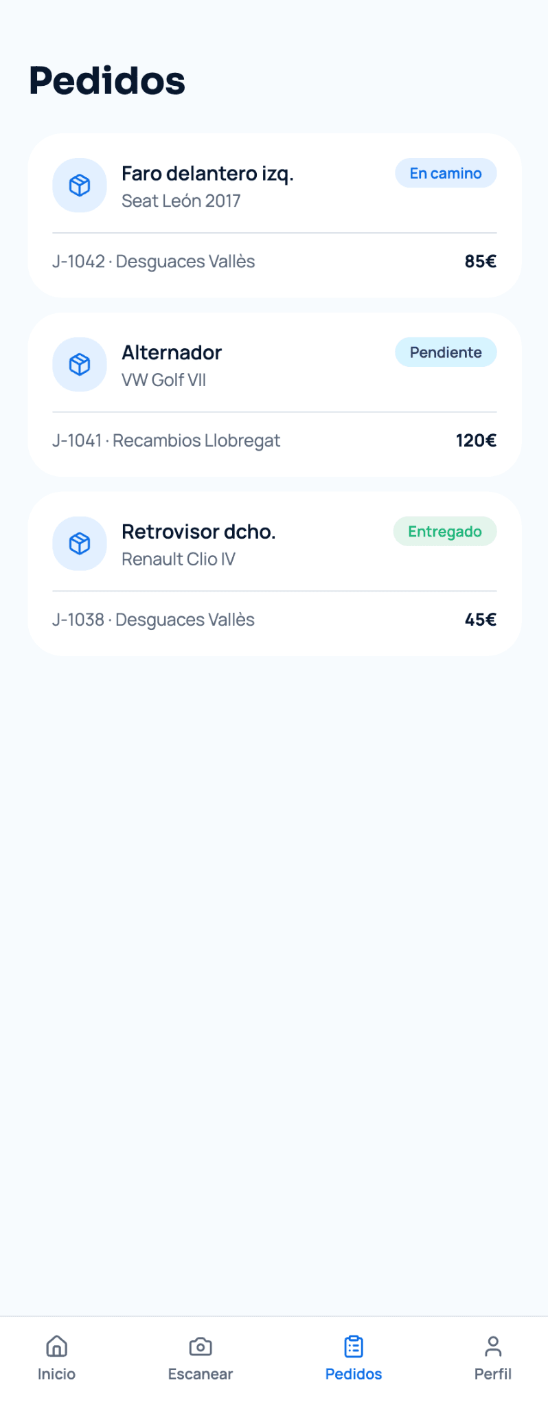 Lista de pedidos en Jeme con su estado: en camino, pendiente y entregado
