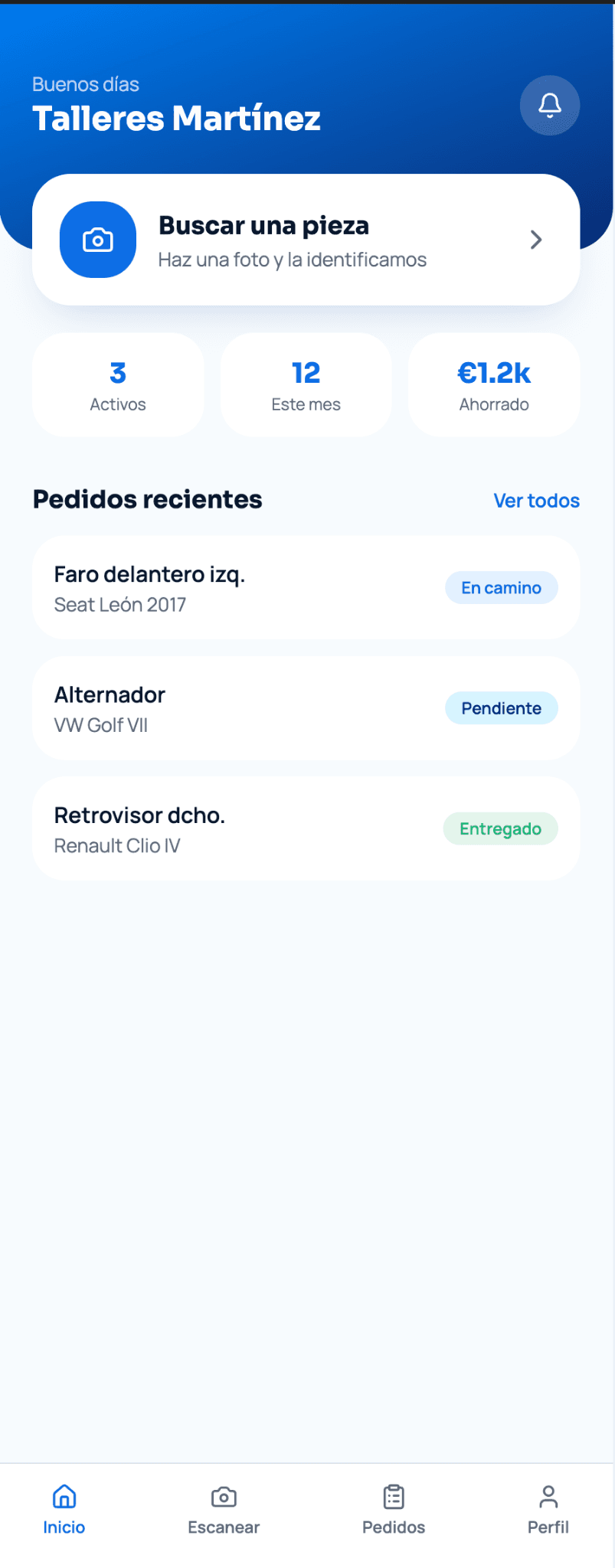 Pantalla de inicio de Jeme para talleres con el buscador de piezas por foto y los pedidos recientes